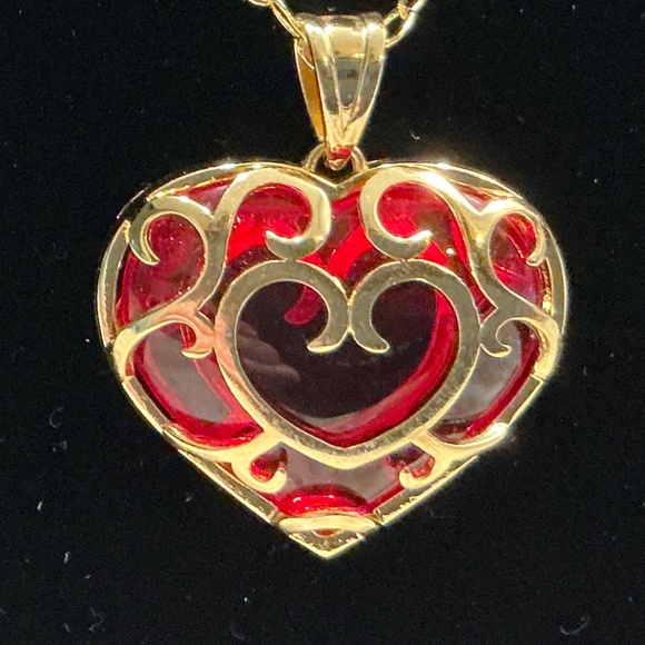 2. VTG INSPIRED CADMIUM GLASS HEART PENDANT & HEART LINK CHAIN, RED GLASS BEADS - Picture 3 of 7